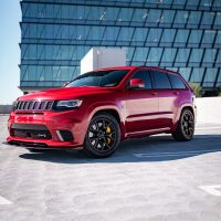 Jeep Trackhawk in red color available for rent in Los Angeles