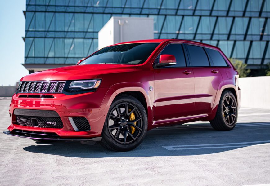 Jeep Trackhawk in red color available for rent in Los Angeles